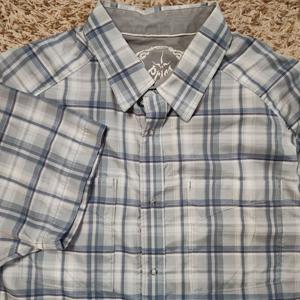 Prana Pearl Snap Men Sz M Short Sleeve Polyester Blend Plaid Shirt